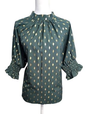 Women's Emerald Green Gold Diamond Mock Neck Blouse